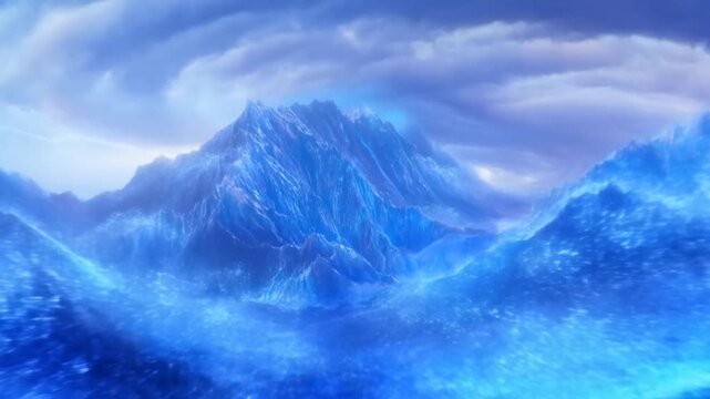 Snowy Mountain Landscape Beneath Swirling Storm Clouds and Lightning in Blue Atmospheric Light