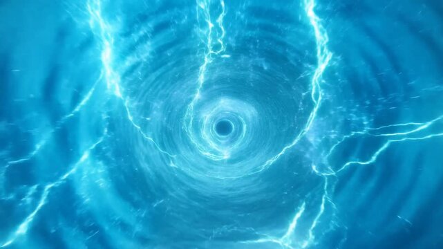 Blue water vortex rotates with concentric ripples and bright reflections in an abstract aquatic scene