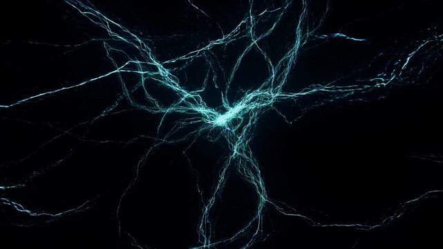 Luminous turquoise filaments converge and branch across a dark abstract field
