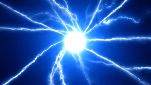 Bright blue energy sphere radiating branching lightning across a dark atmospheric background