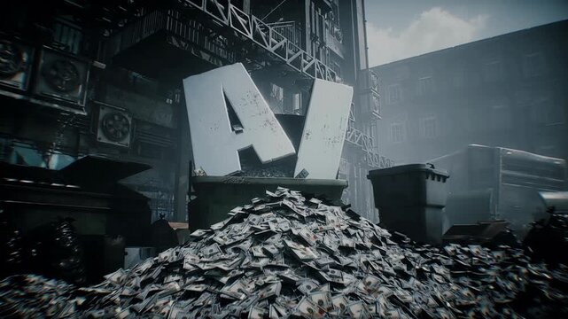 AI letters and piles of US dollars discarded in a garbage bin, symbolizing wasted investment, financial losses and expensive artificial intelligence technology becoming obsolete.