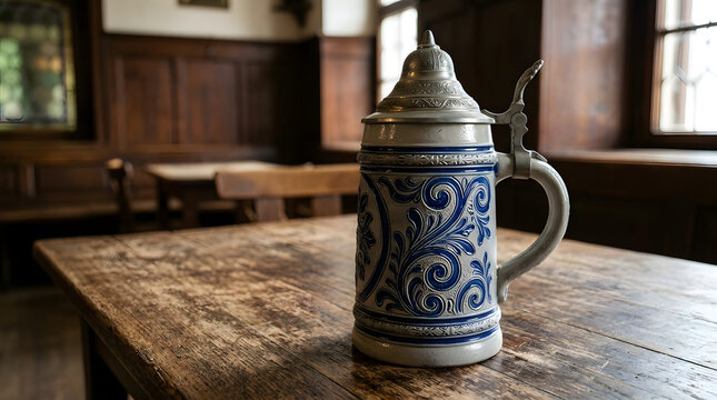 Large ceramic beer stein with pewter lid on rustic wooden table