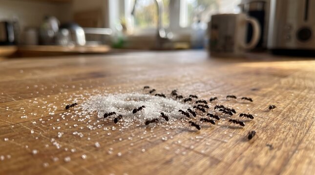 Ant infestation on wooden kitchen countertop, group of black ants eating spilled sugar crystals, household pest control banner