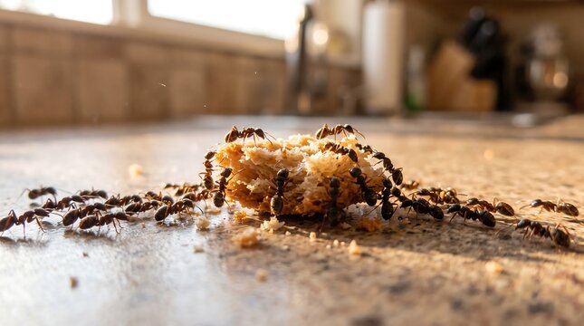 Ant infestation on kitchen countertop eating food bread crumb, close up insect pest control concept, domestic household hygiene problem