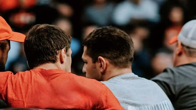 Three men with their backs to the viewer are watching a sports event in a blurred stadium crowd, capturing the atmosphere of live game attendance and fan engagement