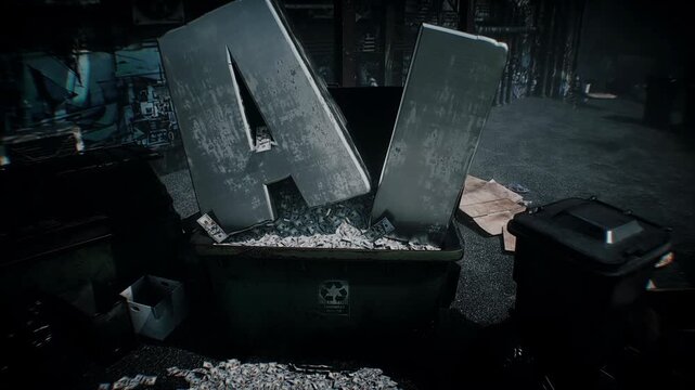 AI letters and piles of US dollars discarded in a garbage bin, symbolizing wasted investment, financial losses and expensive artificial intelligence technology becoming obsolete.
