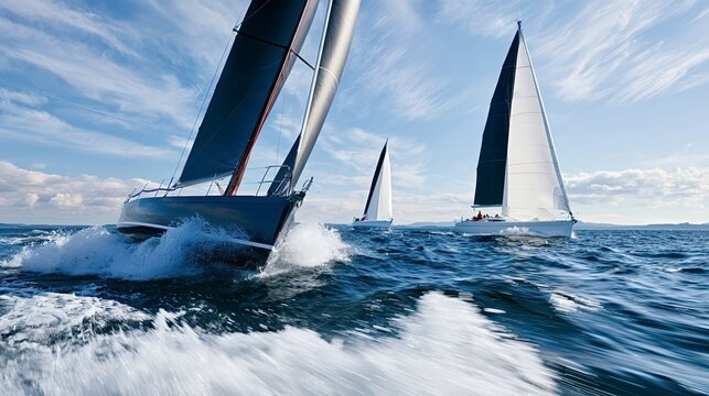 Yachts racing across deep blue ocean, cutting waves and spraying water as sails billow under a sunny sky  dynamic regatta action conveying speed, teamwork and adventurous competition