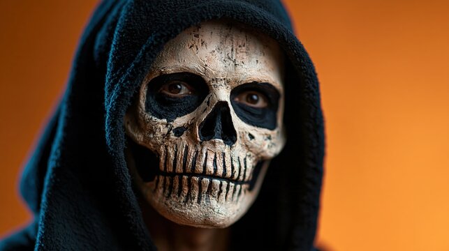 Adult in skeleton face makeup wearing hood against orange backdrop