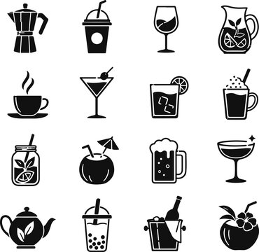 Black drink vector icons collection featuring moka pot, boba tea, wine glass, cocktail, teapot, and coconut drink