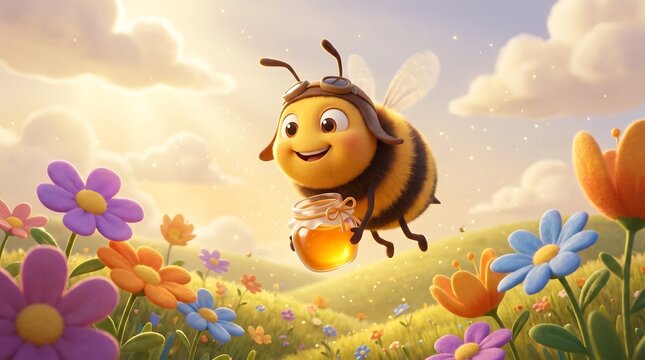 Cute bumblebee carrying honey pot, cartoon bee flying over flower field, whimsical spring meadow background