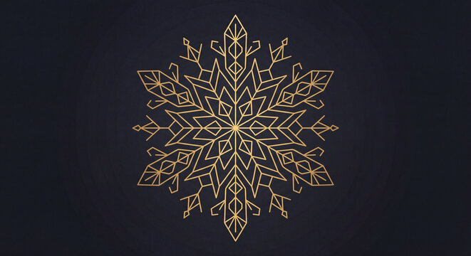 Elegant golden symmetrical snowflake icon on dark background