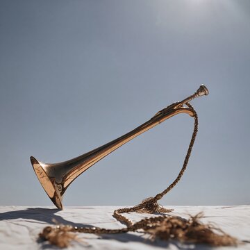 Polished brass bugle with a braided cord, featuring a glowing metallic finish and subtle wear for military and ceremonial themes