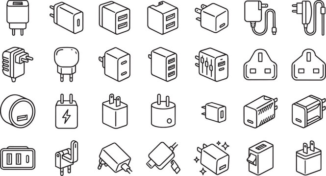Comprehensive collection of linear featuring diverse wall chargers, power adapters, usb ports, and electrical plug types on white background