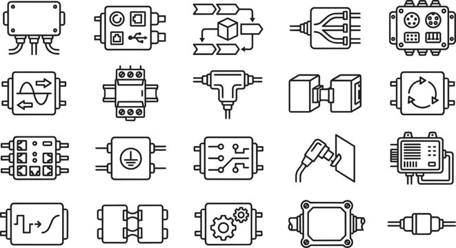 Set of black line representing electrical junction boxes, cable connectors, circuit components, industrial wiring, and electronic hardware