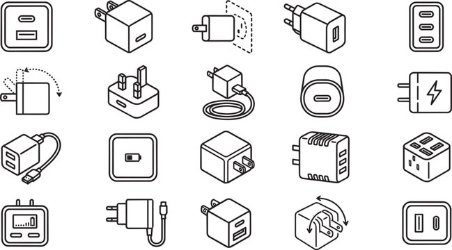 Set of isometric linear showing various types of wall power adapters, usb charging plugs, and electrical socket connectors on white