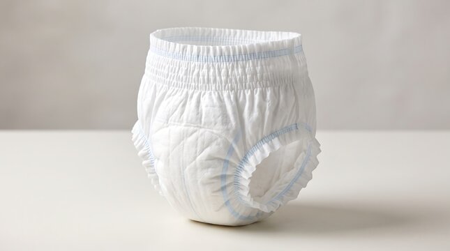 White adult diaper pull-up pant on neutral background, absorbent incontinence underwear product studio shot, protective soft cotton medical panty