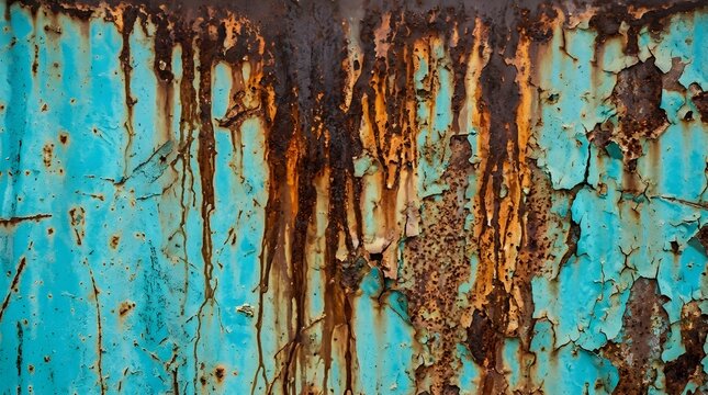 Vertical streaks of rust dripping down a weathered metal surface with peeling blue paint, showing industrial decay and corrosion