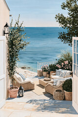 Fototapeta premium Inviting outdoor patio set up for relaxation, featuring wicker furniture, plants, and a stunning view of the sparkling Mediterranean sea