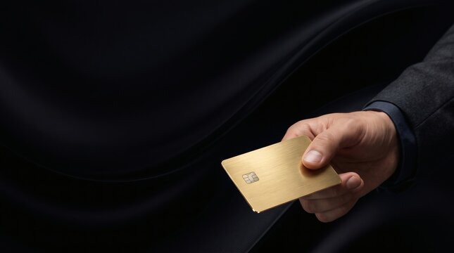 Hand in a suit holding a blank gold credit card against a dark silk background