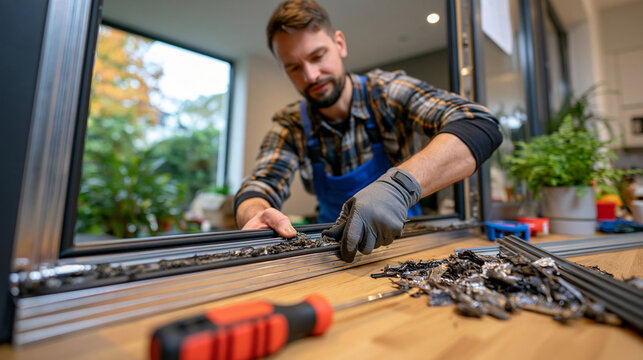 Close up of hands replacing an old door seal with a new insulated weather gasket, screwdriver and replacement material on a wooden surface, practical home improvement concept, detailed realistic pho