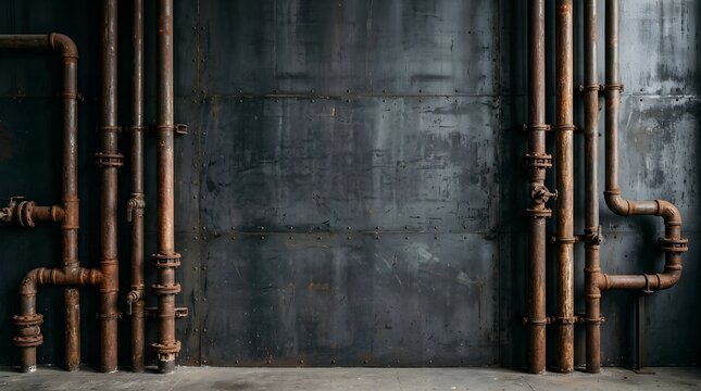 Industrial background with rusty metal pipes and dark steel wall panels, vintage plumbing infrastructure in an old factory setting with textured surfaces
