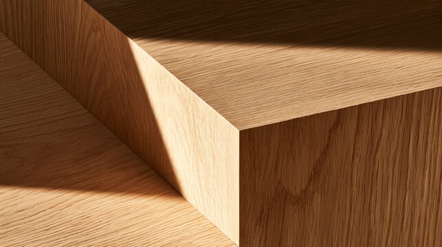A minimalist wooden corner constructed from seamless pale oak creates a modern autumn wood background with two intersecting planes, one sharp line of shadow