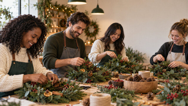 Group of diverse friends smiling and making festive Christmas wreaths with pine branches, pinecones, and berries in a cozy workshop