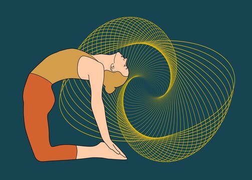 A woman in a tan tank top and orange leggings performs a deep backbend yoga pose, Ustrasana, the Camel Pose. The background is dark teal, with a dynamic, swirling abstract design of thin yellow lines.