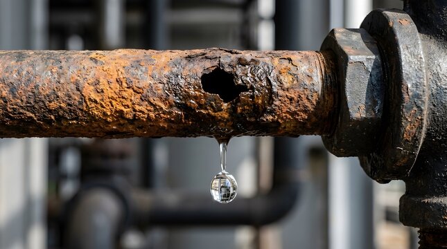 Closeup of a heavily corroded industrial metal pipe with a large hole, leaking a single clear water droplet against a blurred background