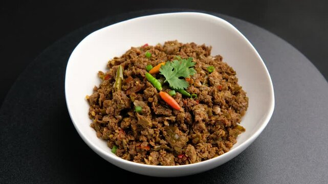 Tamarind and Minced Pork Chili Dip.Stir fried young fresh tamarind with minced pork, chilli ,garlic and shrimp paste in white bowl.Thai style Chili paste.	