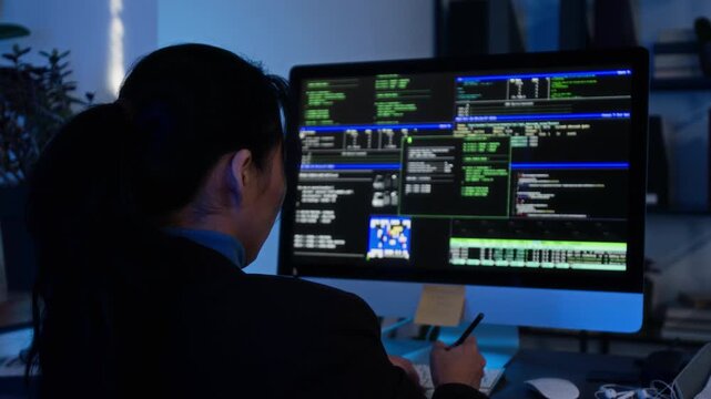 Asian young adult female programmer analyzing cybersecurity data on computer monitor in rear view. Ideal for software development tutorials and IT marketing