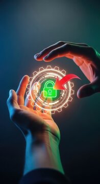 Hands holding futuristic digital lock interface