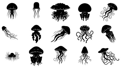 Set of black jellyfish silhouettes with various shapes and tentacles for marine sea life design © Mahafuz