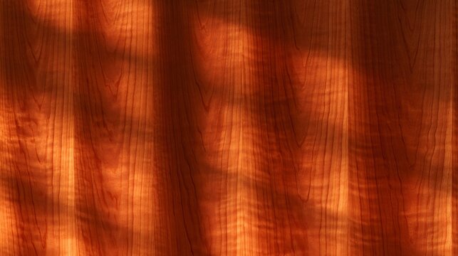 A vertical wall of reddish cherry veneer becomes a luminous modern autumn wood background as late-day sunlight intensifies its copper undertones and reveals subtle waves within the grain