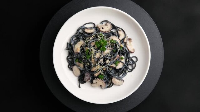 Ink squid pasta with creamy mushroom sauce,Spaghetti with shiitake mushrooms and parsley in white plate.Italian traditional dish.Top view.