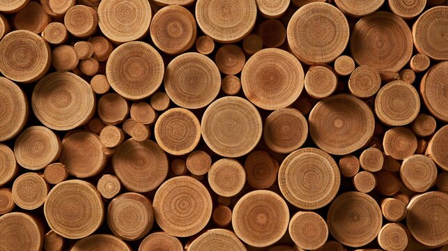 A wall clad in warm oak cylinders of different diameters forms a sculptural modern autumn wood background with circular end grain, repeating shadows, and subtle golden tonal variation
