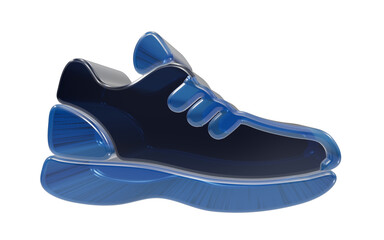 Blue Sneaker with Transparent Sole: A stylish blue running shoe, rendered in a high-gloss finish, features a striking transparent sole, highlighting modern athletic footwear design. © raseldesigner93