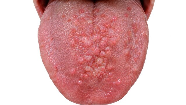 Close up photograph of tongue with numerous raised inflamed bumps and enlarged papillae isolated on white background