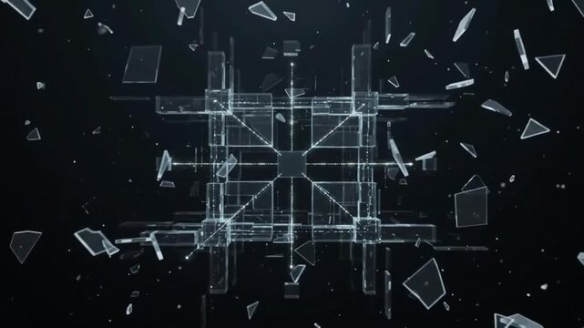Abstract floating glass fragments assembling into futuristic geometric structure with circuit lines, 3D animation