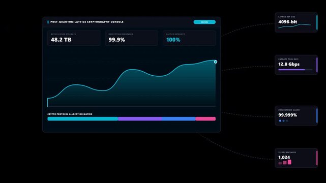 Cyber-indigo & cyan futuristic dark motion graphic visualizing quantum-resistant cryptographic key encapsulation, lattice-based encryption matrices, high-entropy entropy nodes, and decentralized node