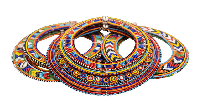 Traditional African beaded necklace jewelry, colorful ethnic Maasai tribal beadwork, handcrafted fashion accessories isolated PNG with Transparent Background