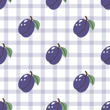 Seamless pattern with plums on a checkered background. Plums and Gingham Background.