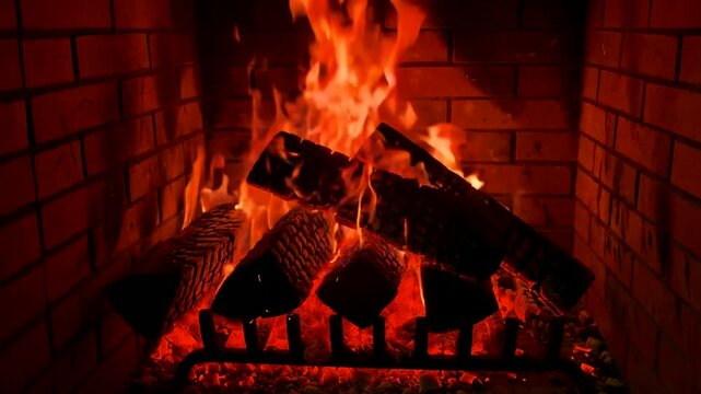 Seamless loop of cozy fireplace with burning wood logs and dancing flames