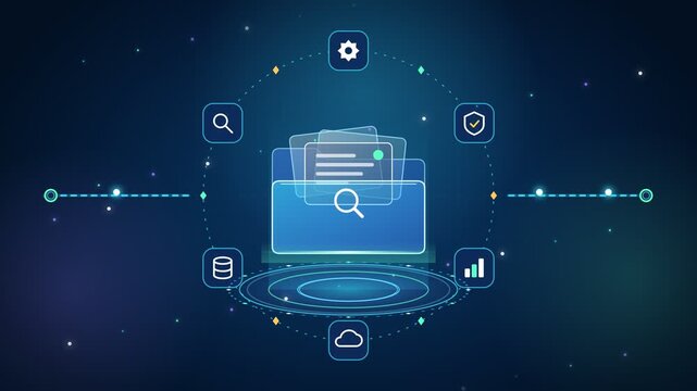 Digital folder search animation with magnifying glass and orbiting cloud storage icons for big data management concept