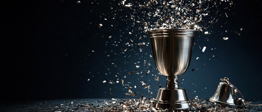 Silver Trophy Shattering into Pieces Against Dark Background