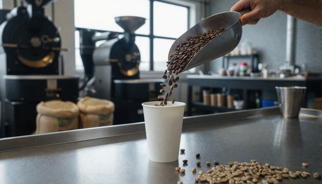 Fresh roasted beans being poured into a white coffee cup in a professional studio