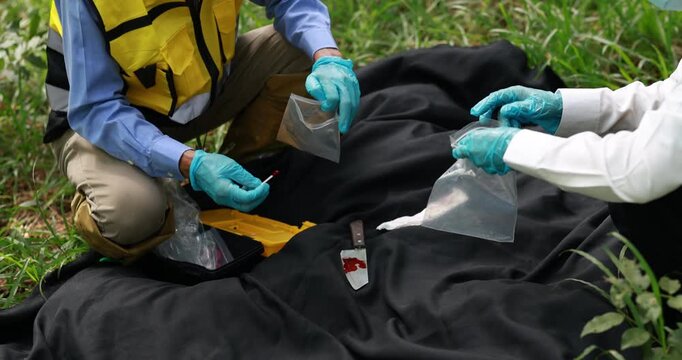 Forensic investigators wearing gloves collect evidence beside a covered body at an outdoor crime scene in tall grass.