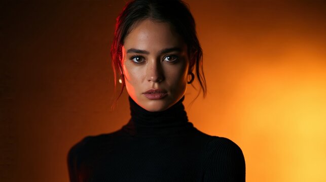 Woman glancing over shoulder with startled expression against burnt orange background