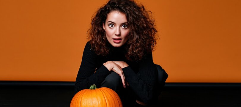 Woman crouching with startled expression near pumpkin on orange background