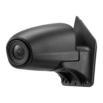 Commercial vehicle exterior security camera housing with mounting bracket and lens , isolated on transparent background.
